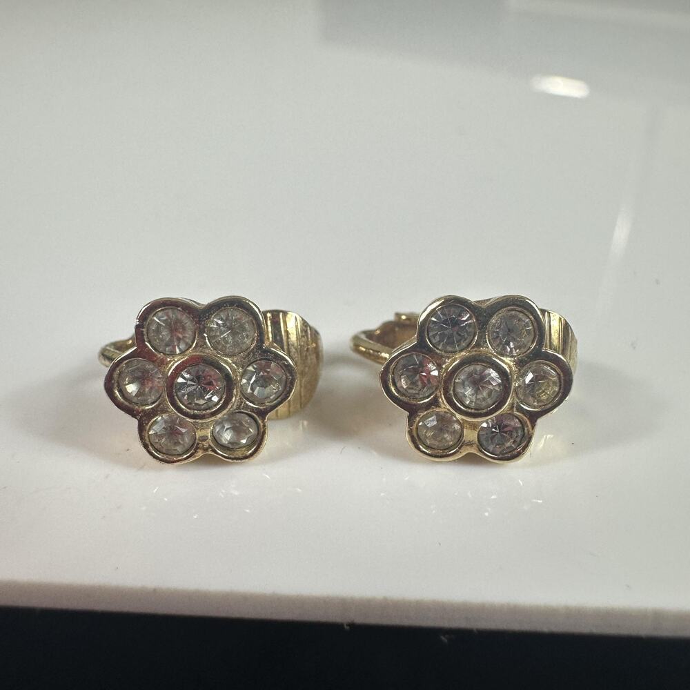 Vintage Christian Dior Gold Tone Rhinestone Flower Clip-On Stud Earrings Germany